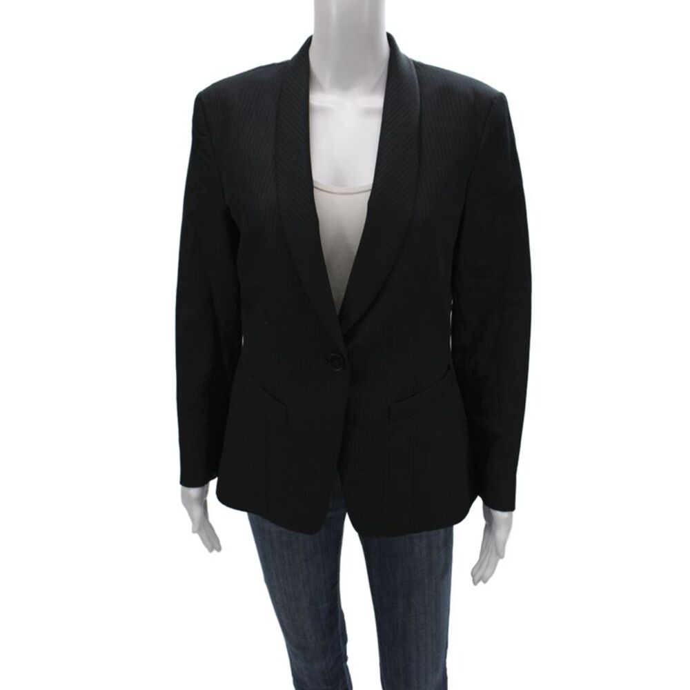Richard Tyler Women Basic Jacket Black Striped 57% Wool Button Size 44